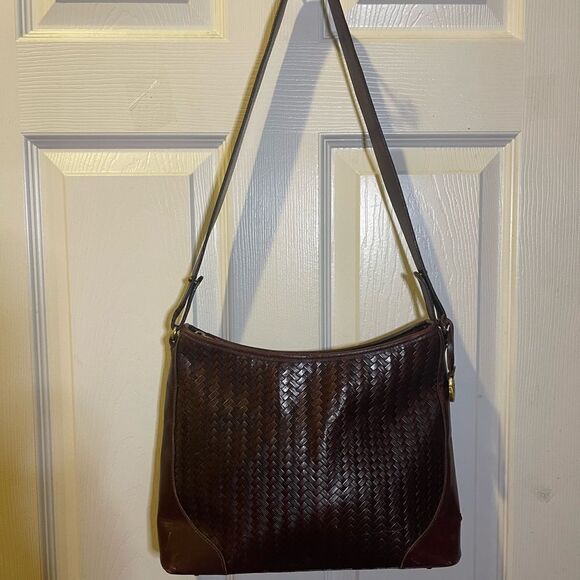 Brahmin leather Brown Woven  Medium Shoulder Bag gold tone hardwares - Picture 2 of 16